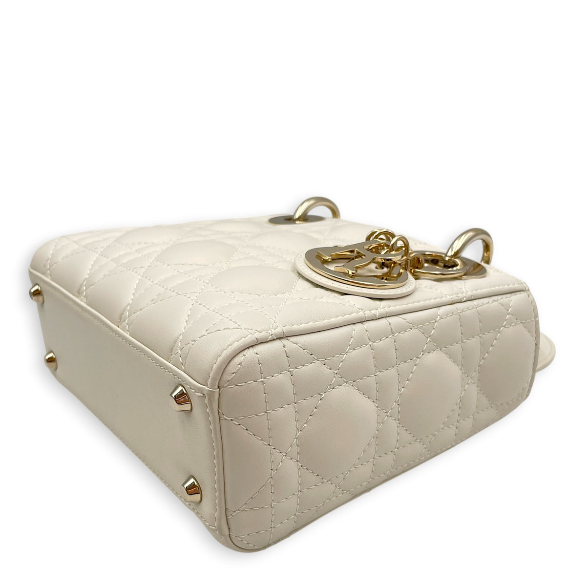 Lady Dior Mini White Top Handle Bag in Lambskin Light Gold hardware