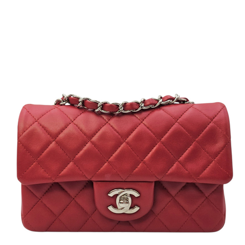 Rectangular  Mini Red Shoulder Bag in Lambskin Silver hardware