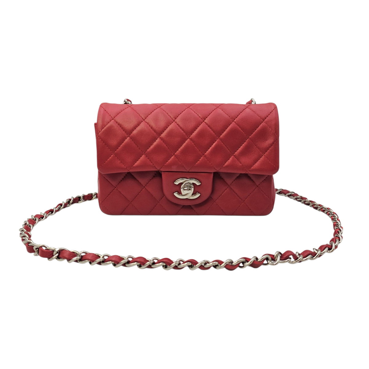 Rectangular  Mini Red Shoulder Bag in Lambskin Silver hardware