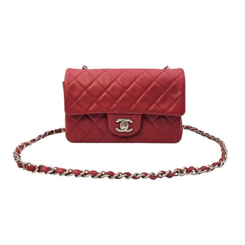 Rectangular  Mini Red Shoulder Bag in Lambskin Silver hardware