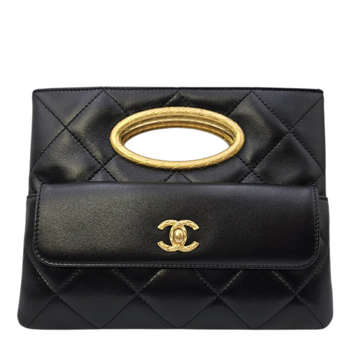 Clutch with Chain  24 Black Top Handle Bag in Lambskin Gold hardware