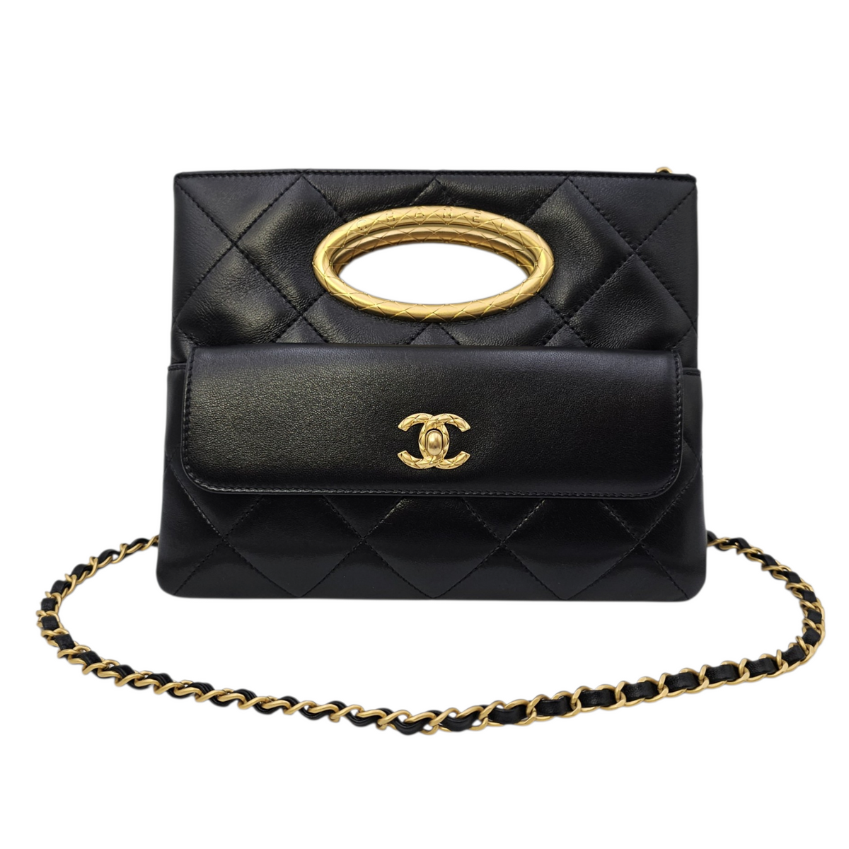 Clutch with Chain  24 Black Top Handle Bag in Lambskin Gold hardware