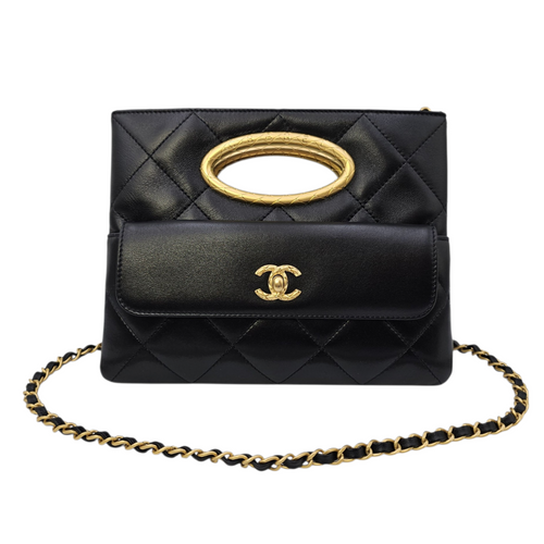 Clutch with Chain  24 Black Top Handle Bag in Lambskin Gold hardware