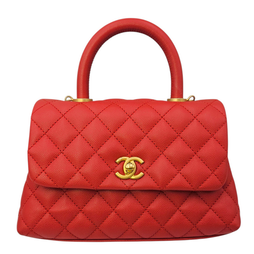 Coco Handle Quilted Red Top Handle Bag in Caviar Leather Brushed Gold hardware