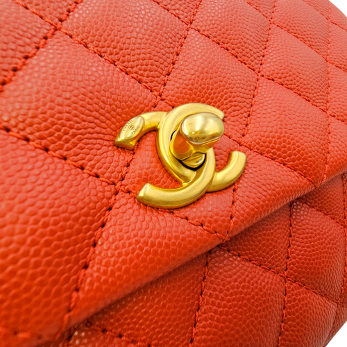 Coco Handle Quilted Red Top Handle Bag in Caviar Leather Brushed Gold hardware