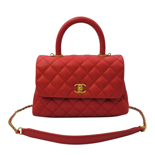 Coco Handle Quilted Red Top Handle Bag in Caviar Leather Brushed Gold hardware