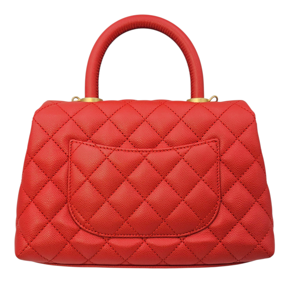 Coco Handle Quilted Red Top Handle Bag in Caviar Leather Brushed Gold hardware