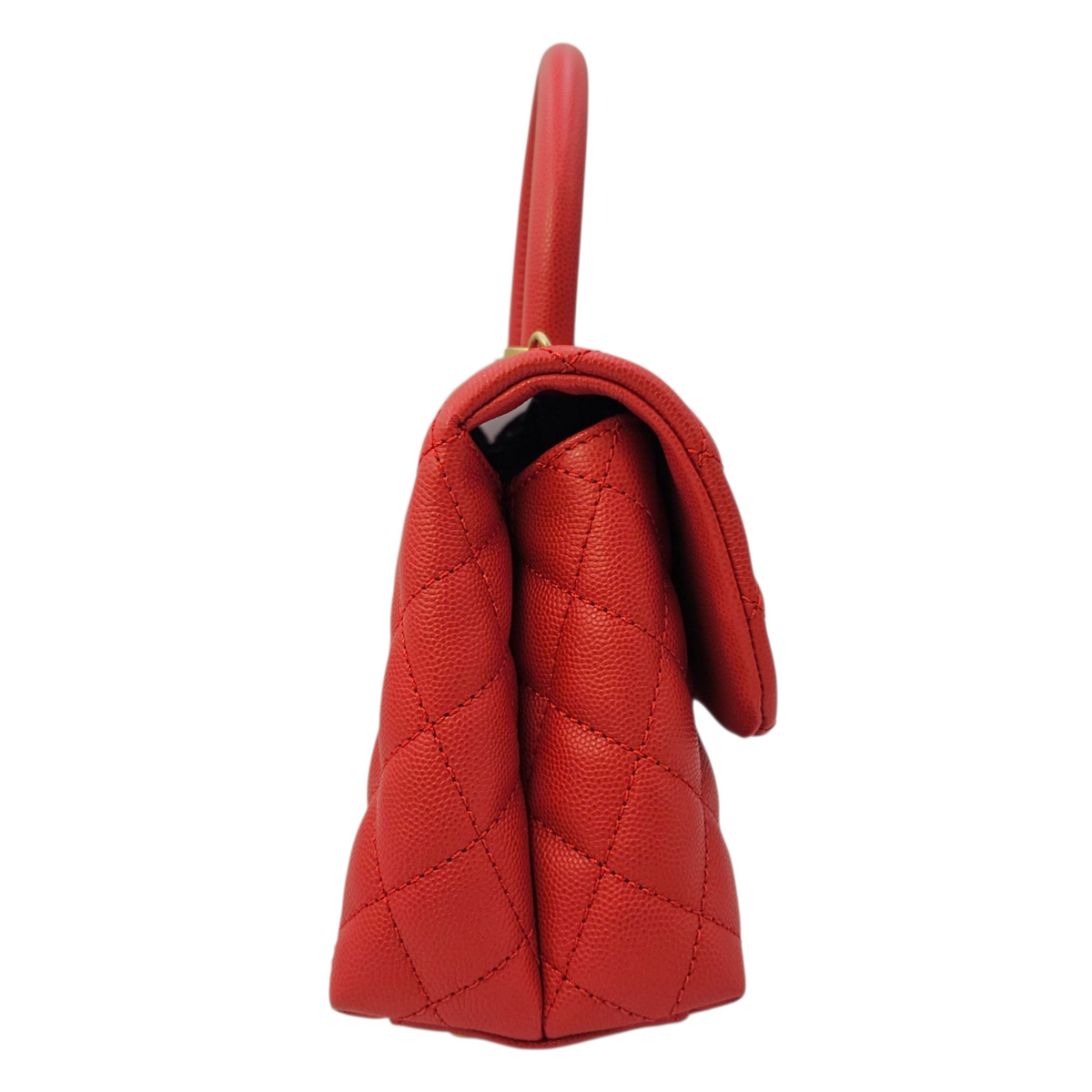 Coco Handle Quilted Red Top Handle Bag in Caviar Leather Brushed Gold hardware