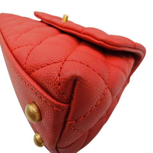 Coco Handle Quilted Red Top Handle Bag in Caviar Leather Brushed Gold hardware