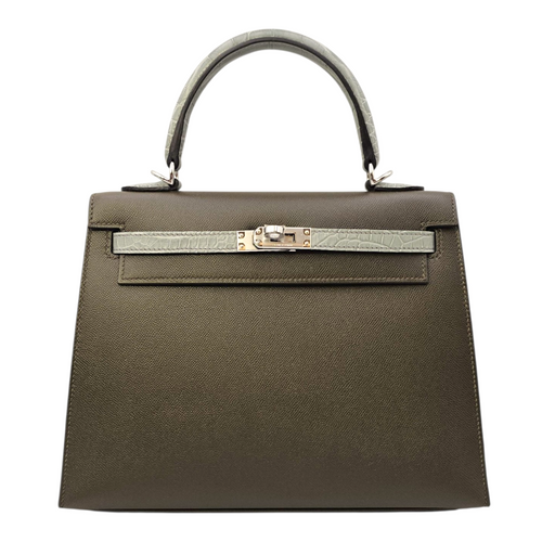 Sellier Kelly 25 Vert Loden/Gris Ciment in Madame/Matte Alligator Palladium hardware