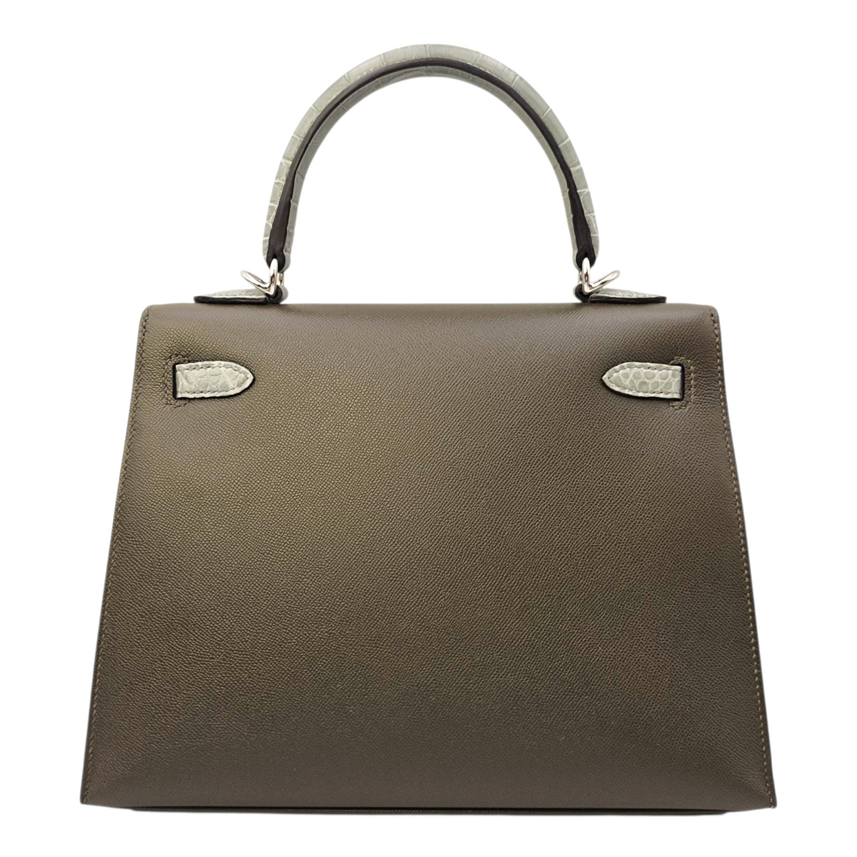 Sellier Kelly 25 Vert Loden/Gris Ciment in Madame/Matte Alligator Palladium hardware