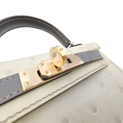 HSS Sellier Kelly  20 Gris Perle/Gris Meyer in Ostrich Permabrass hardware