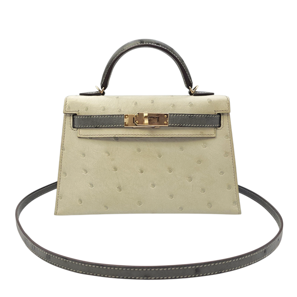 HSS Sellier Kelly  20 Gris Perle/Gris Meyer in Ostrich Permabrass hardware
