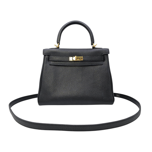 Kelly 25 Noir in Togo Gold hardware
