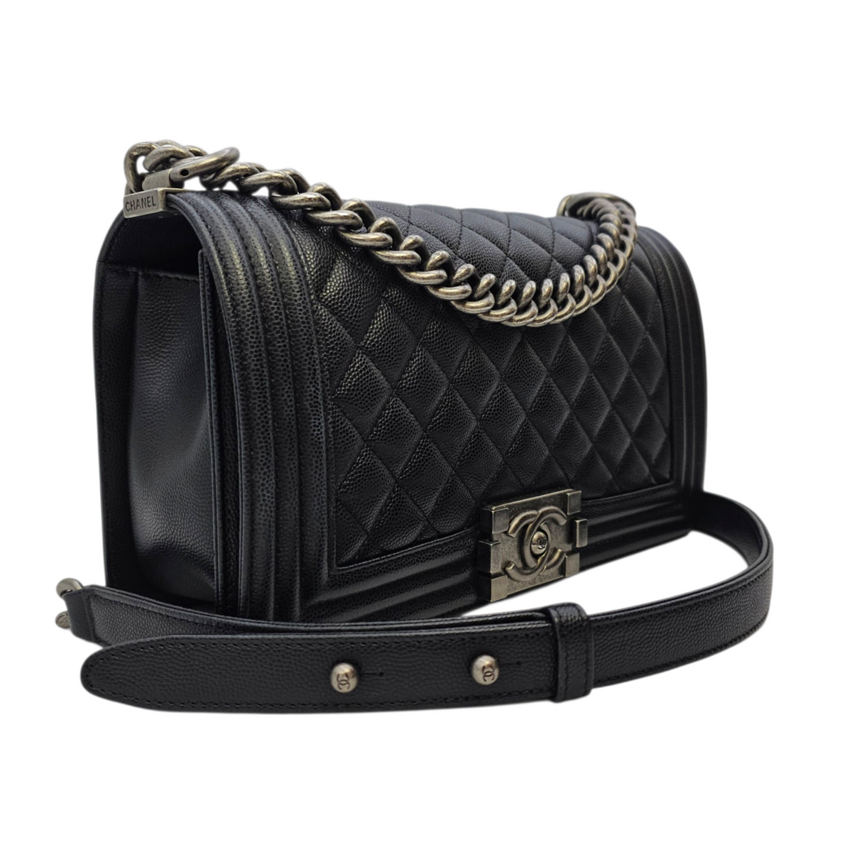 Boy 25 Black Shoulder Bag in Caviar Leather Ruthenium hardware