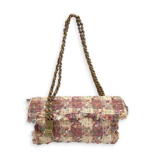 Vertical Lock Flap  Pink Shoulder Bag in Tweed Light Gold hardware