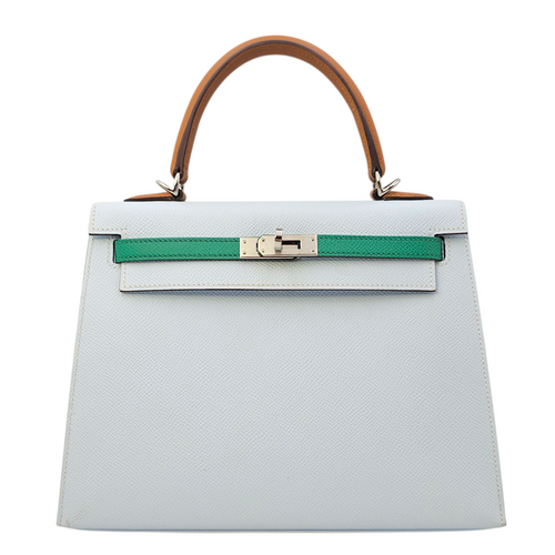 Sellier Kelly 25 Blue Brume/Vert Jade/Gold in Epsom Palladium hardware