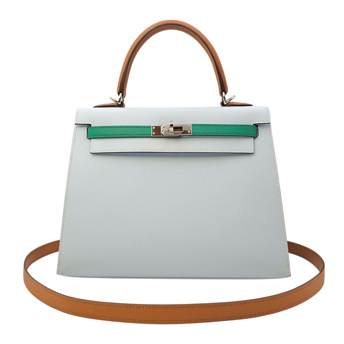 Sellier Kelly 25 Blue Brume/Vert Jade/Gold in Epsom Palladium hardware