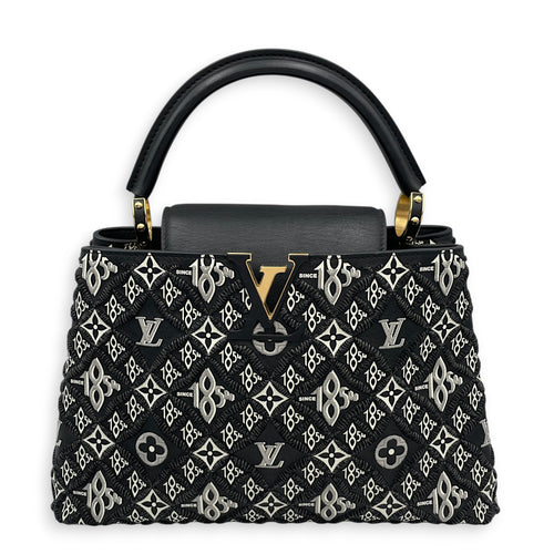 Capucines Since 1854 Embroidered  MM Black Top Handle Bag in Calfskin Gold hardware