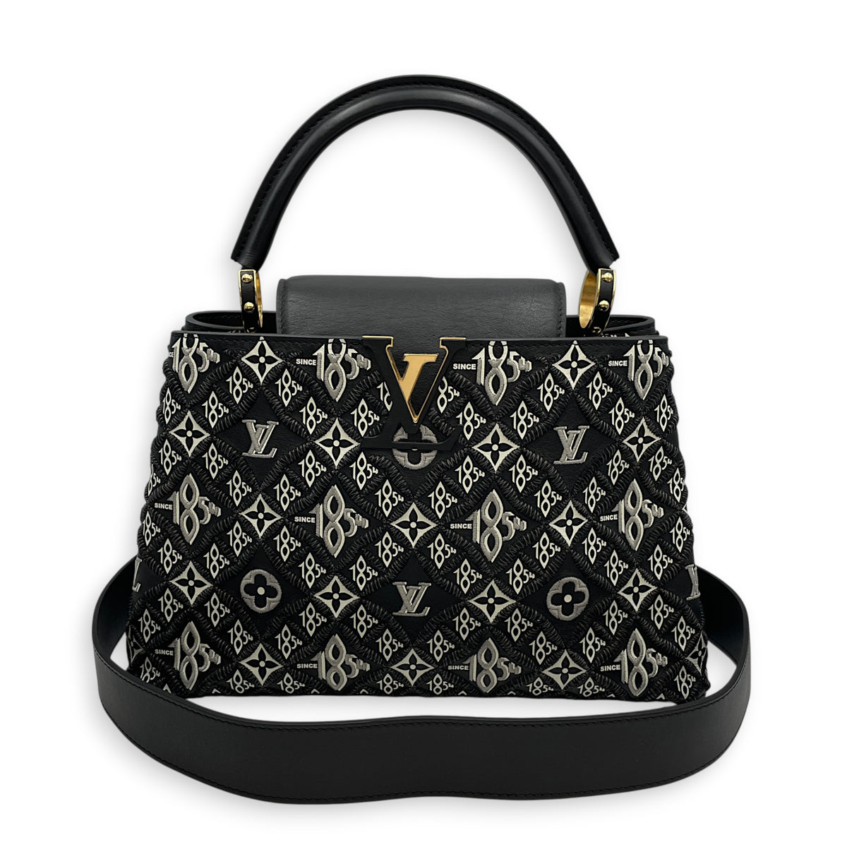 Capucines Since 1854 Embroidered  MM Black Top Handle Bag in Calfskin Gold hardware