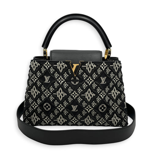 Capucines Since 1854 Embroidered  MM Black Top Handle Bag in Calfskin Gold hardware