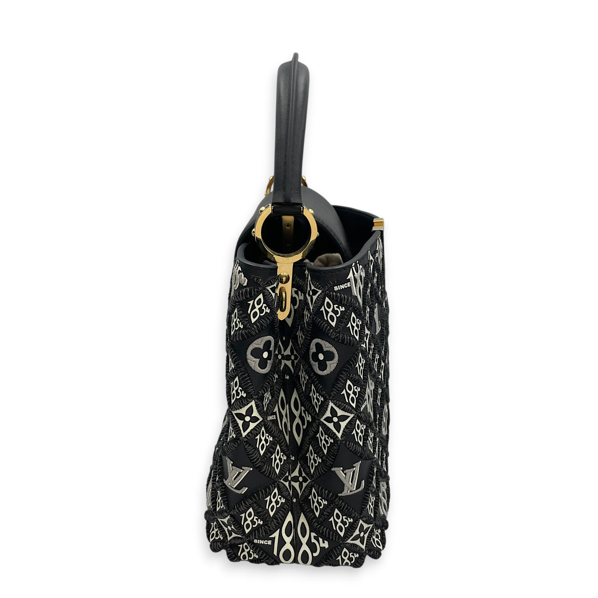 Capucines Since 1854 Embroidered  MM Black Top Handle Bag in Calfskin Gold hardware