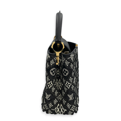 Capucines Since 1854 Embroidered  MM Black Top Handle Bag in Calfskin Gold hardware