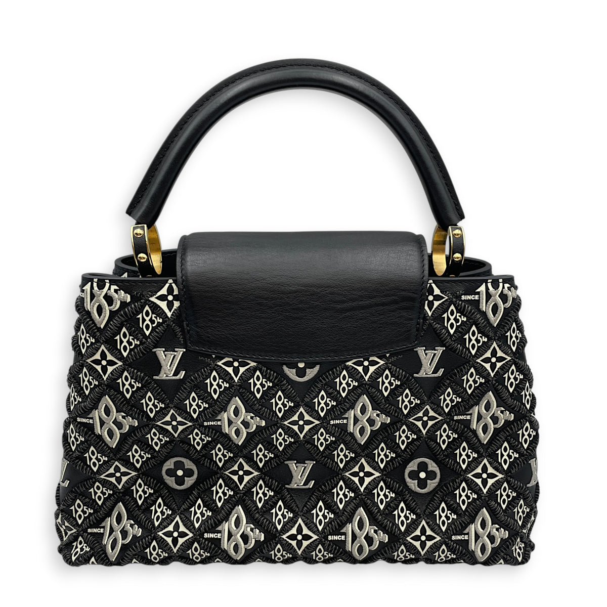 Capucines Since 1854 Embroidered  MM Black Top Handle Bag in Calfskin Gold hardware