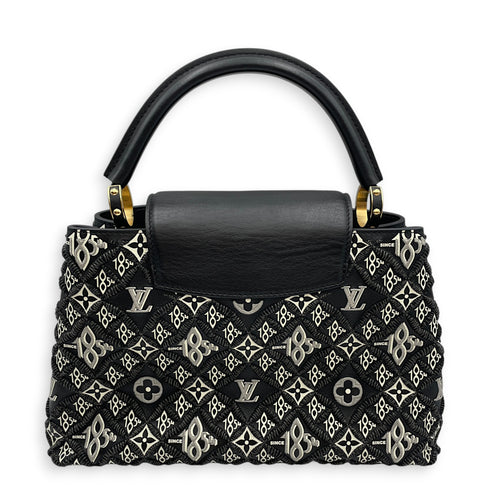 Capucines Since 1854 Embroidered  MM Black Top Handle Bag in Calfskin Gold hardware