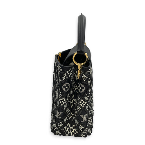 Capucines Since 1854 Embroidered  MM Black Top Handle Bag in Calfskin Gold hardware