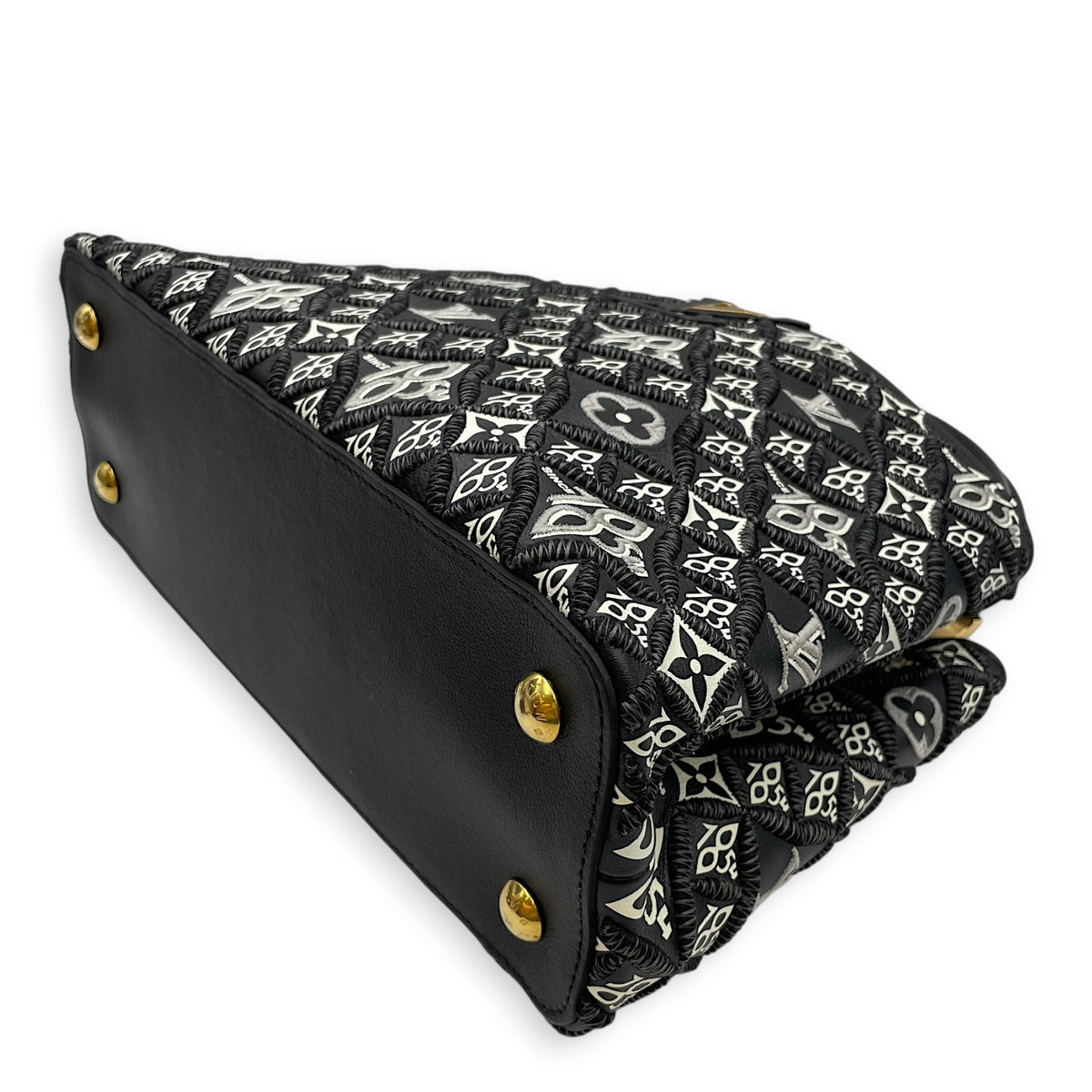 Capucines Since 1854 Embroidered  MM Black Top Handle Bag in Calfskin Gold hardware