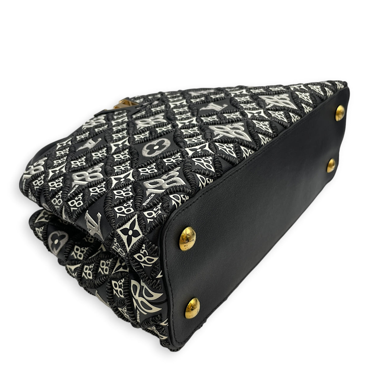 Capucines Since 1854 Embroidered  MM Black Top Handle Bag in Calfskin Gold hardware