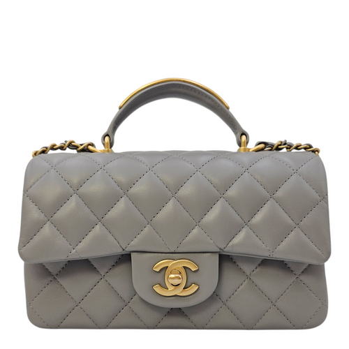 Mini Rectangular  Grey Top Handle Bag in Calfskin Brushed Gold hardware