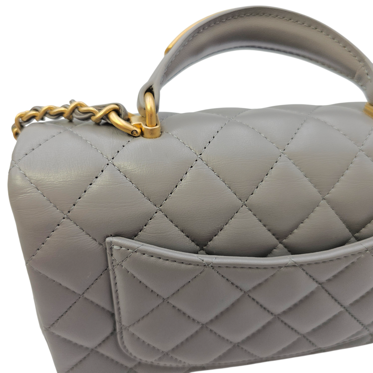 Mini Rectangular  Grey Top Handle Bag in Calfskin Brushed Gold hardware