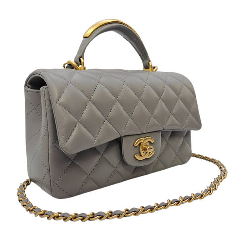 Mini Rectangular  Grey Top Handle Bag in Calfskin Brushed Gold hardware