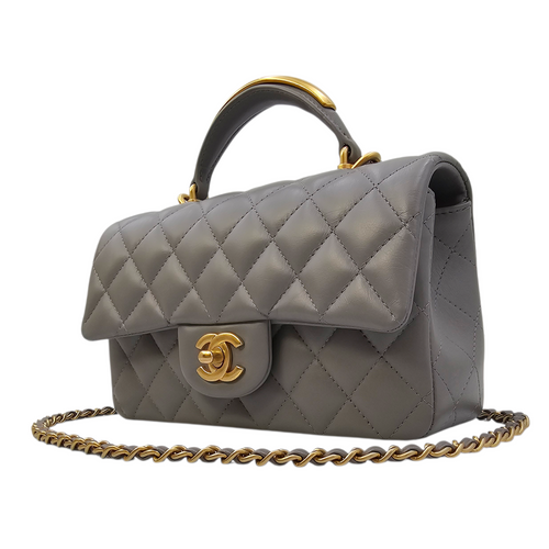 Mini Rectangular  Grey Top Handle Bag in Calfskin Brushed Gold hardware