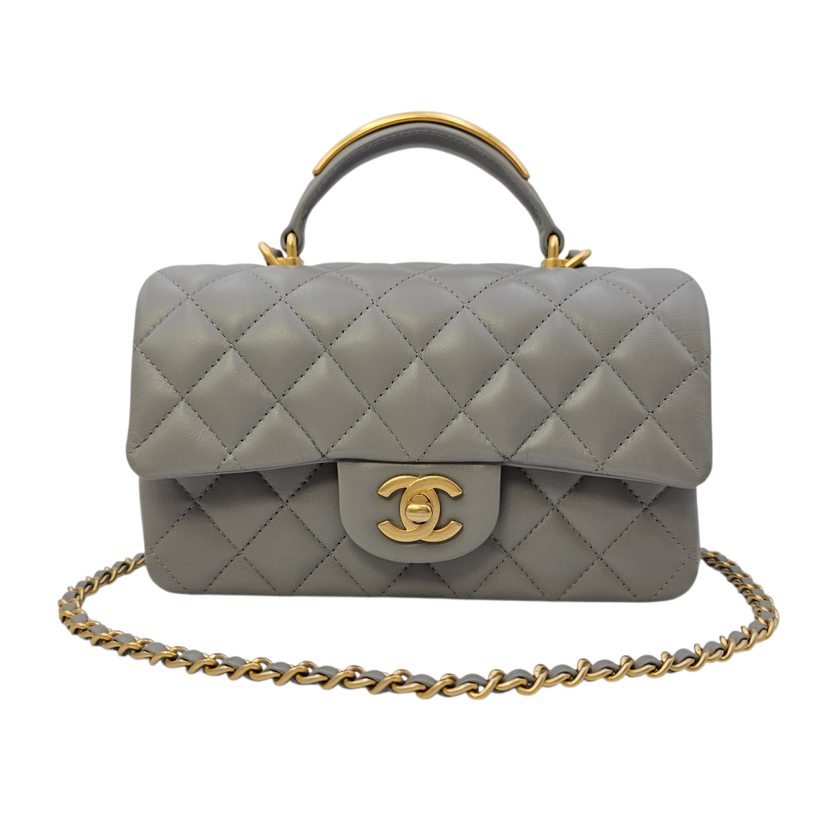 Mini Rectangular  Grey Top Handle Bag in Calfskin Brushed Gold hardware