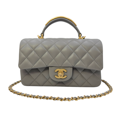 Mini Rectangular  Grey Top Handle Bag in Calfskin Brushed Gold hardware