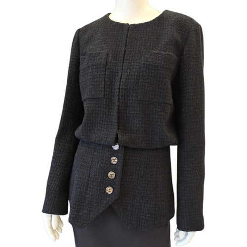 22C Tweed  Fake Two-piece Tuxedo Jacket  38 Black Ready-To-Wear in Cotton Resin hardware
