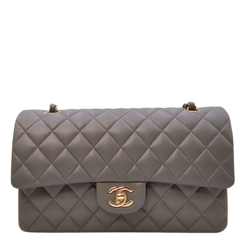 Timeless CC (Double Flap) Medium Grey Shoulder Bag in Lambskin Light Gold hardware