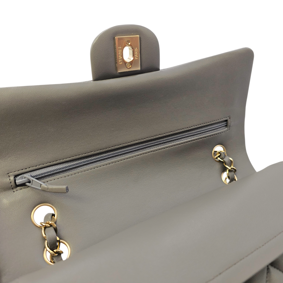 Timeless CC (Double Flap) Medium Grey Shoulder Bag in Lambskin Light Gold hardware