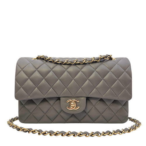 Timeless CC (Double Flap) Medium Grey Shoulder Bag in Lambskin Light Gold hardware
