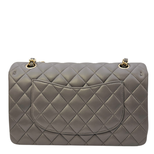 Timeless CC (Double Flap) Medium Grey Shoulder Bag in Lambskin Light Gold hardware