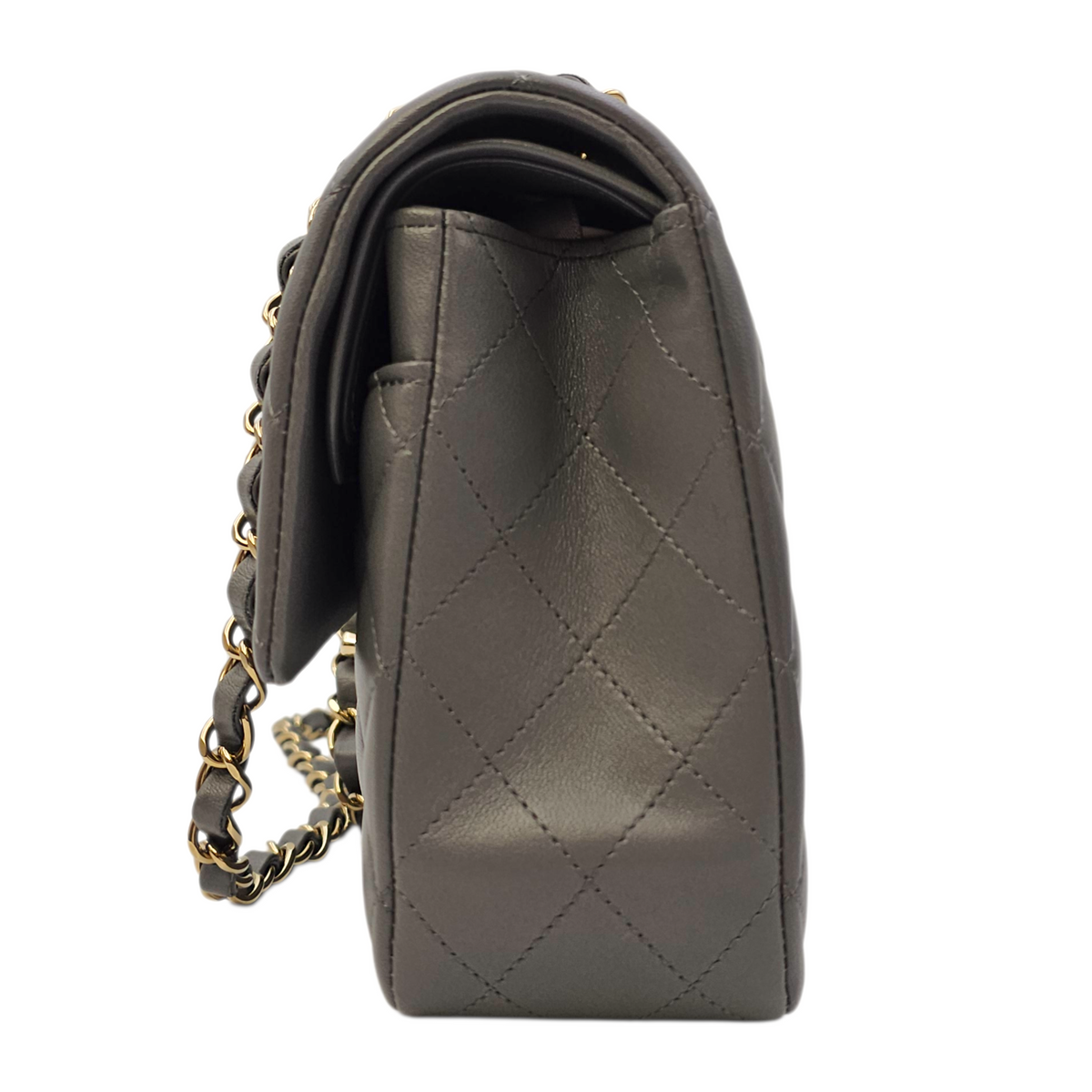 Timeless CC (Double Flap) Medium Grey Shoulder Bag in Lambskin Light Gold hardware