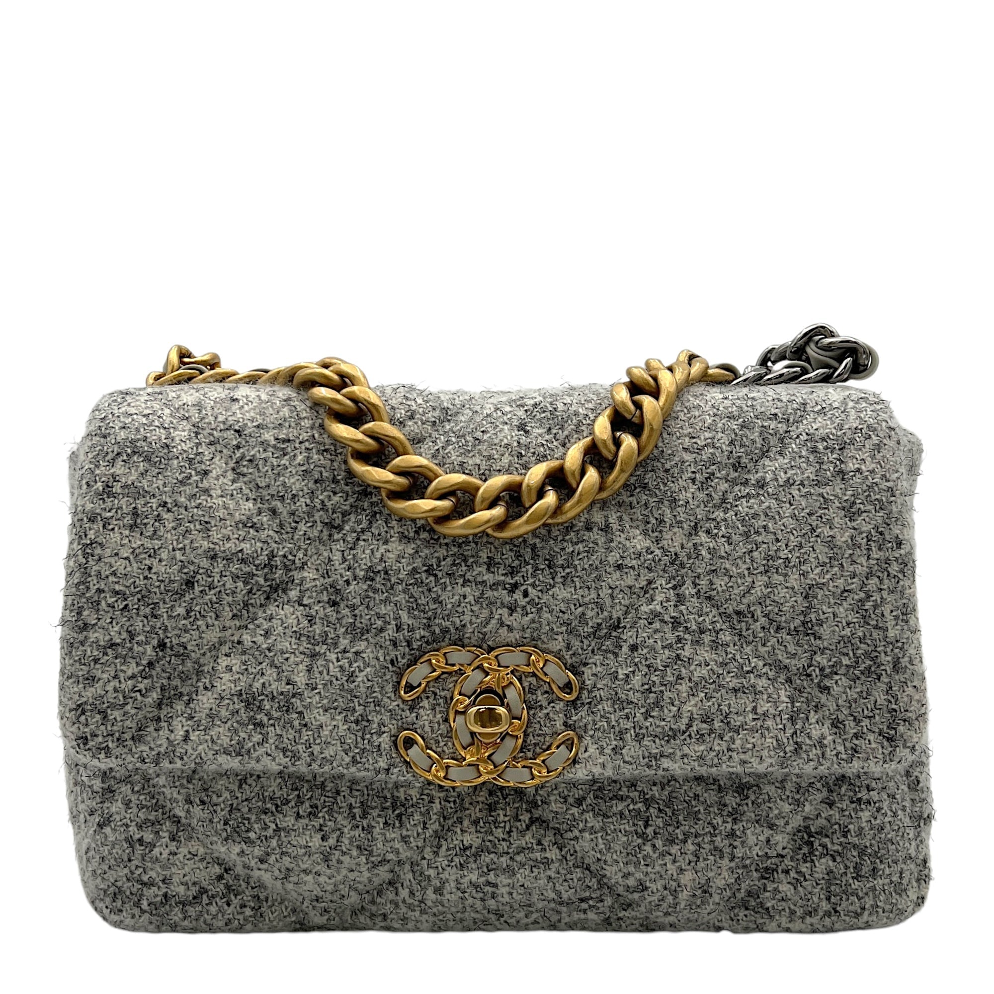 C19 Small Grey Shoulder Bag in Tweed, Gold hardware