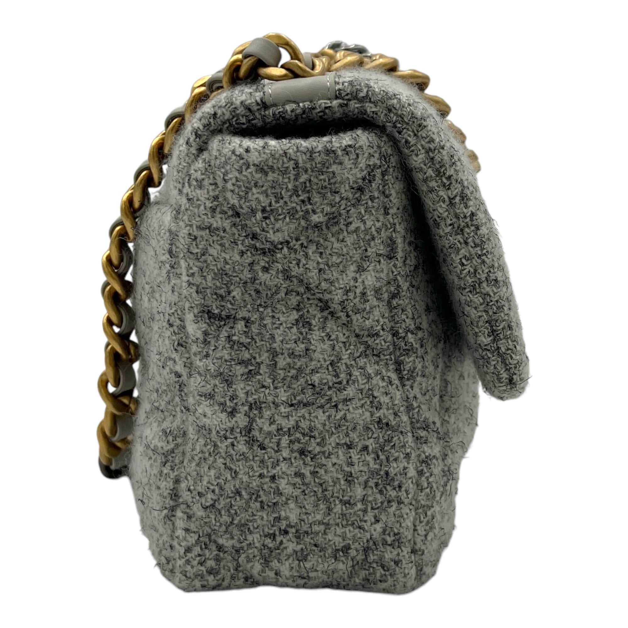 C19 Small Grey Shoulder Bag in Tweed, Gold hardware