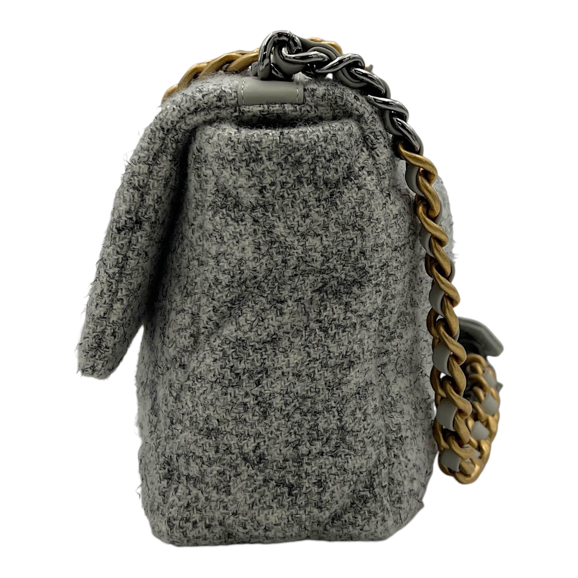 C19 Small Grey Shoulder Bag in Tweed, Gold hardware