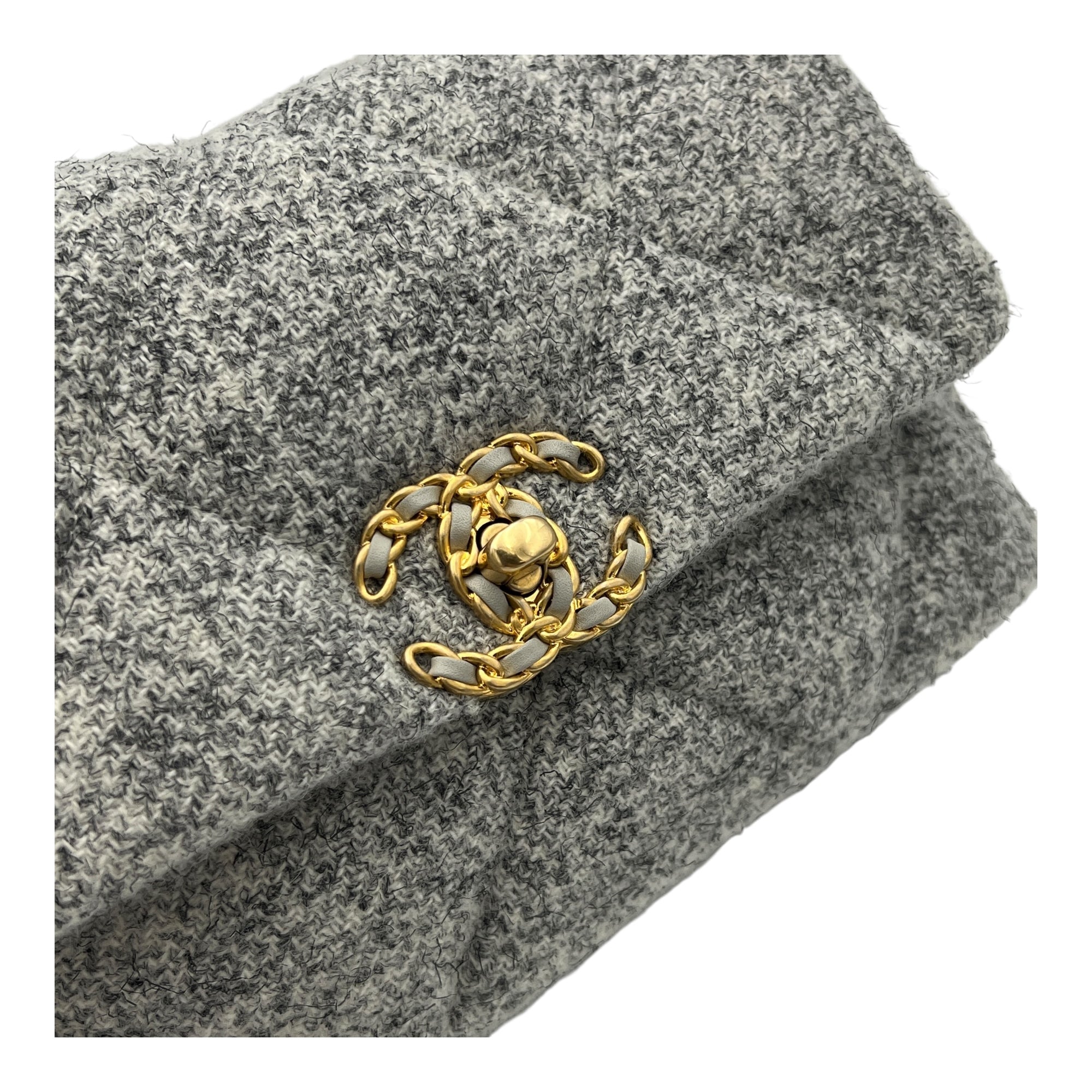 C19 Small Grey Shoulder Bag in Tweed, Gold hardware