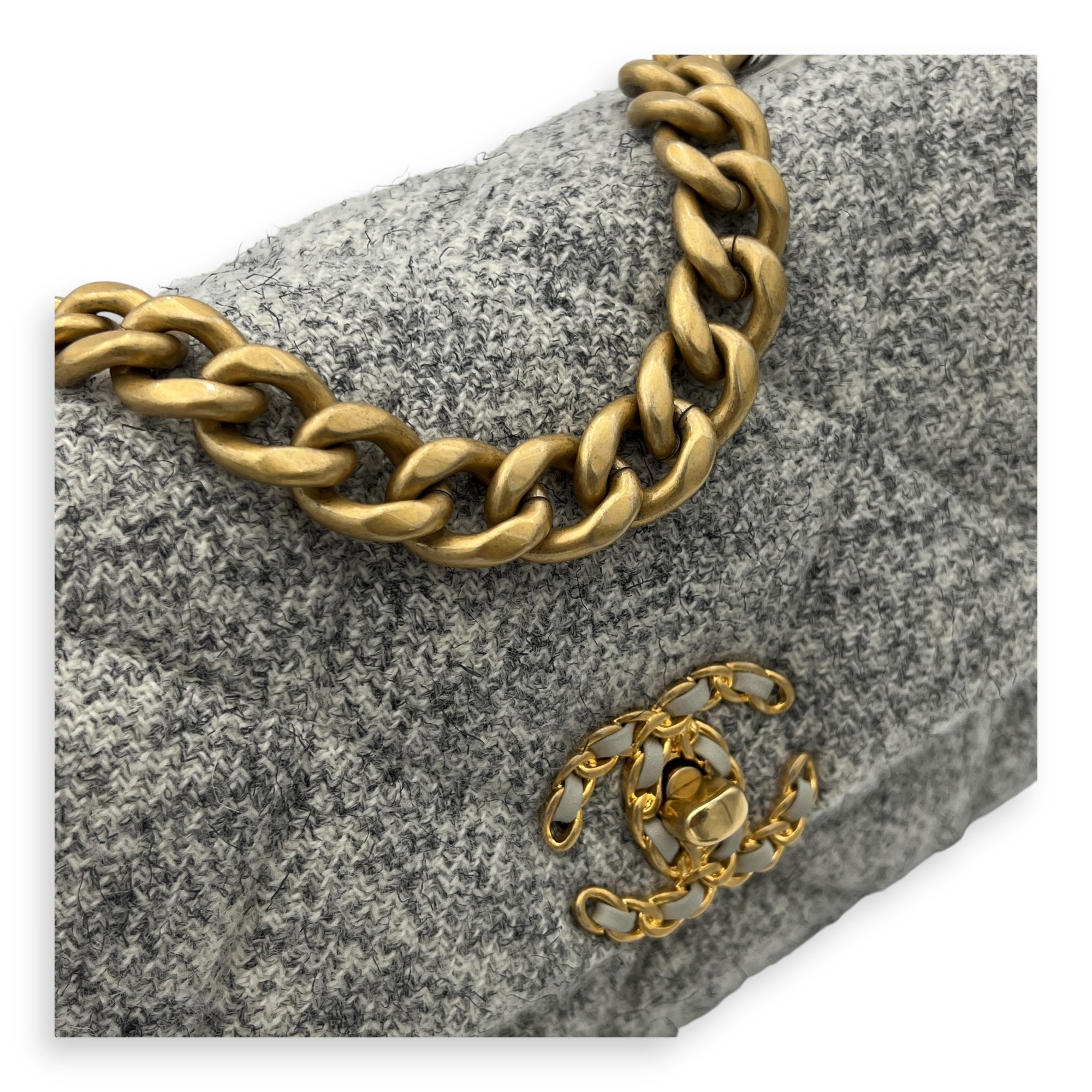 C19 Small Grey Shoulder Bag in Tweed, Gold hardware