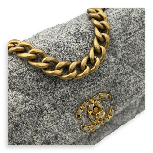 C19 Small Grey Shoulder Bag in Tweed, Gold hardware